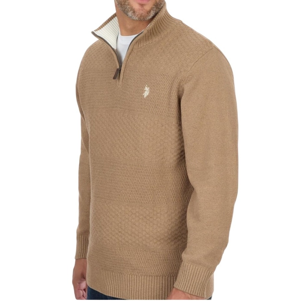 U.S. Polo Assn. Quarter Zip Sweater Mens XL Tan Cigar Heather Textured Knit NWT